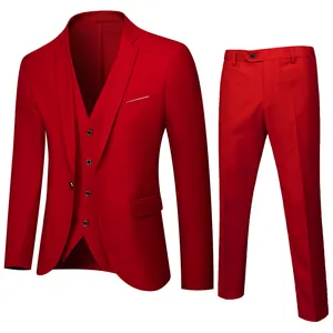 Slim fit three-piece men's suit in vibrant red featuring notch lapel and vest
