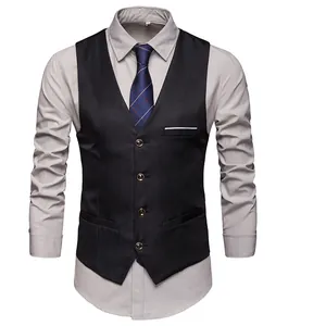 Men's Slim Fit Business Suit Vest British Style Cotton Blend Single Breasted Waistcoat V-Neck Dress Vest With Back Buckle