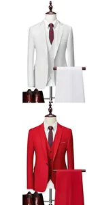 Three-piece men's business suit in white and red colors with jacket, vest, and trousers