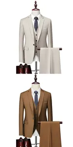 Detailed comparison of slim fit business suits in beige and caramel with vests