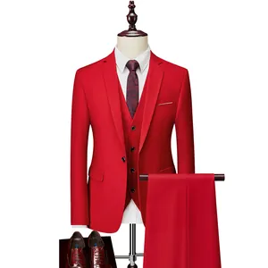 Men's slim fit 3-piece red suit set including jacket, vest and formal trousers
