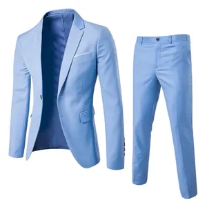 Sky blue men's two-piece business suit featuring notch lapel blazer and matching trousers