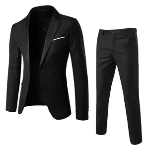 Slim fit two-piece black business suit with single-button jacket and matching trousers