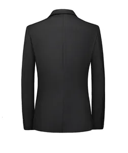Slim fit black business suit jacket back view with clean seams and sharp shoulders