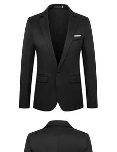 Detailed view of men's slim fit black blazer with notch lapels and pocket square