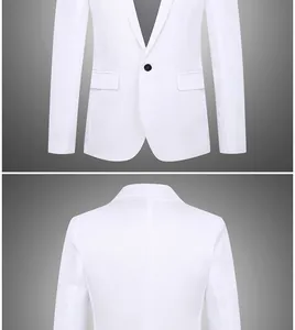 Detail view of white slim fit blazer showing notched lapel and black button texture