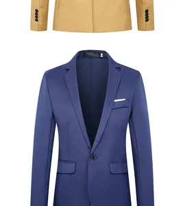 Close-up of slim fit blazer jackets in navy and yellow showing notch lapels and size XL