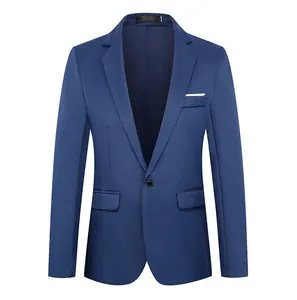 Detailed view of navy blue single-breasted blazer with notch lapel and pocket detail