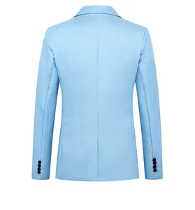 Detail view of the back of a slim fit light blue blazer featuring a single vent and four cuff buttons