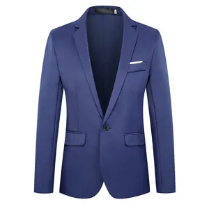 Slim fit navy blue men's casual blazer with notch lapel and single-button closure