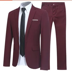 Slim fit burgundy two-piece men's suit with single-breasted blazer and trousers