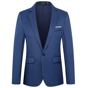 Slim fit men's blue blazer with single button closure and white pocket square detail