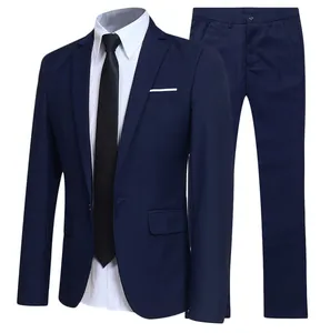 Slim fit navy blue men's business suit set including jacket and trousers for weddings