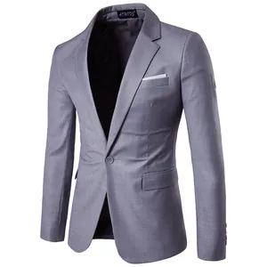 Men's slim-fit casual grey suit jacket with notch lapel and single-button design