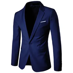 Slim fit men's dark blue business blazer with single-button closure and white pocket square