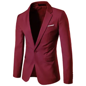 Men's slim-fit burgundy business casual blazer jacket with a single-button closure