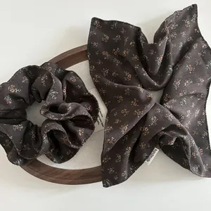 Vintage Coffee Floral Scrunchie And Square Scarf Set Korean Style Handmade Fabric Hair Tie Headband Hair Accessories For Women
