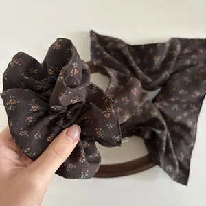Retro floral scrunchie and scarf set in dark brown chiffon for elegant hair styling