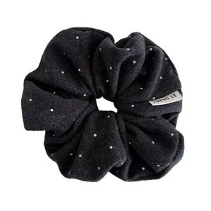 Deep grey vintage polka dot scrunchie made of soft wool fabric for women's hairstyles