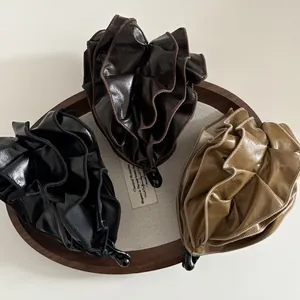 Women Elegant PU Leather Pleated Banana Clip Large Ruffle Hair Claw Clip Vintage Hair Accessories For Daily Styling