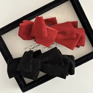 French Style Velvet Bow Hair Clip Sparkling Sequins Banana Clip Elegant Double Layer Red Black Hairpins For Women Accessories