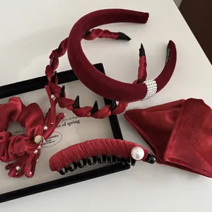 Collezione Accessori per Capelli in Velluto Rosso Vino Vintage Cerchietto con Perle Artificiali Fiocco Elastici Mollette per Capodanno Gioielli Donna
