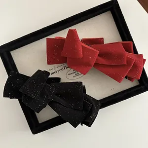 Elegant velvet double layered bow hair clip with gold glitter in red and black