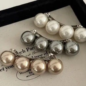 Lot de barrettes à perles vintage français en blanc gris et couleur champagne doré
