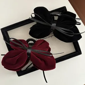 French Vintage Velvet Bow Hair Claw Clip Large Satin Ribbon Shark Clip Elegant Hair Accessory For Women Thick Hair Gift