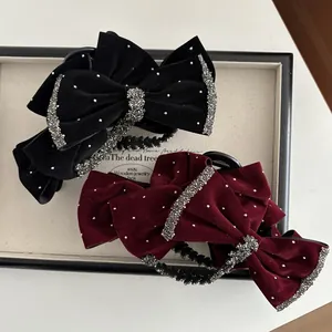 Vintage Chanel Style Large Velvet Bow Hair Claw Clip With Rhinestone Pearl Starry Sky Design For Women Party Hair Jewelry