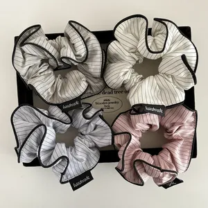 Korean Style Striped Fabric Scrunchie High Elasticity Pleated Hair Tie With Handmade Label For Women Fashion Hair Accessories