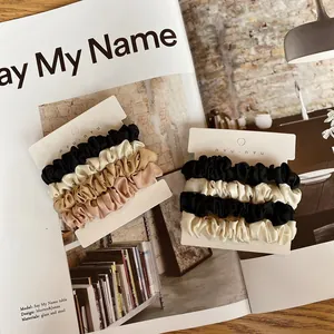 Set of 4 silk satin elastic hair scrunchies in gradient neutral and black white tones