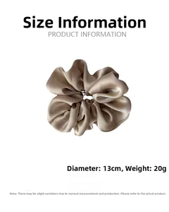 Detailed size chart for satin scrunchie showing 13cm diameter and 5cm width specs