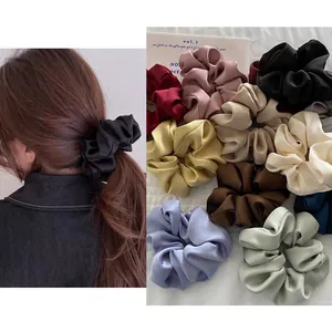 Elegant Large Satin Hair Scrunchies For Women French Style Silk Like Pleated Hair Ties Solid Color Glossy Hair Accessories