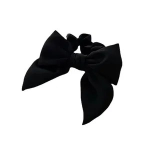 Elegant large black oversized bow hair tie with French cream texture and high elastic band