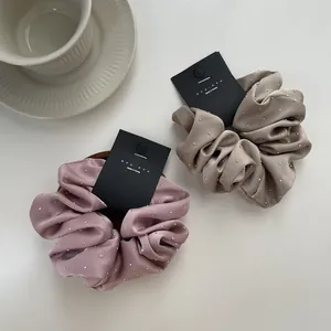 Set of 2 elegant satin scrunchies with rhinestones in pink and champagne colors