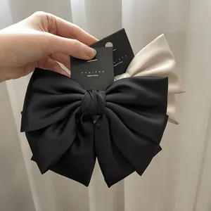 Eleganti fermagli per capelli a fiocco in raso nero e beige, accessori stile coreano di qualità