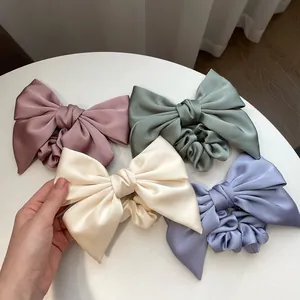 Large Satin Bow Scrunchie Oversized Pleated Hair Tie Elegant Sweet Handmade Hair Accessory For Women Ponytail Decor