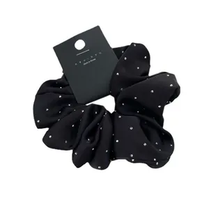 Elegant black satin hair scrunchie with sparkling rhinestones and French vintage style