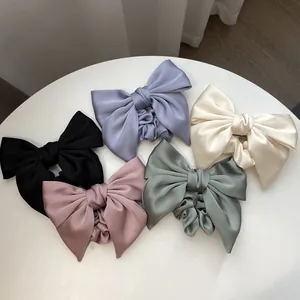 Elegant satin bow scrunchies set in black, lavender, beige, pink and green
