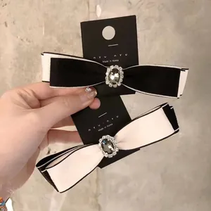 Retro Bowknot Hair Clip Satin Fabric Black White Contrast Rhinestone Gemstone Spring Clip Duckbill Clip For Women Elegant Accessories