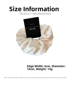 Champagne satin scrunchie detail showing 14cm diameter and 6cm width on white background