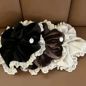 Vintage French Velvet Scrunchie With Lace Trim And Metal Tag Elegant Elastic Hair Band For Women Daily Hair Accessories