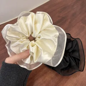 Elegant satin and organza scrunchies in cream white and black for high ponytails