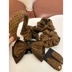Koreaanse Maillard Stijl Strik Haarklem Patchwork Wafelstof Scrunchies Koffie Bruin Haarelastiekjes Hoofdband Voor Dames Accessoires