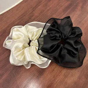 Korean Style Satin Mesh Layered Large Scrunchies For Women Elegant Ruffled Hair Ties Solid Color Elastic Ponytail Holder Accessories