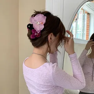 Sweet Korean Orchid Flower Hair Claw Clip With Faux Artificial Pearl Elegant Fabric Floral Hair Accessories For Women Daily Party