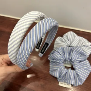 Accessoires de Cheveux en Tissu à Rayures Bleues et Blanches Style Coréen Incluant Chouchous et Serre-têtes pour Femmes