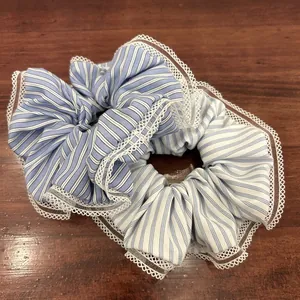 Korean Sweet Style Striped Fabric Scrunchie With White Lace Trim Pleated Large Hair Tie For Women Girls Hair Accessory