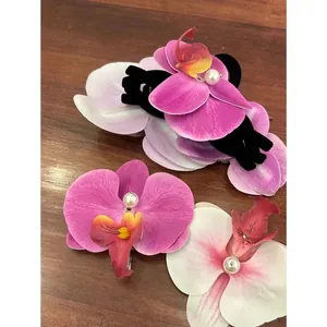 Pink faux orchid flower hair claw and clip set with artificial pearls for hair styling